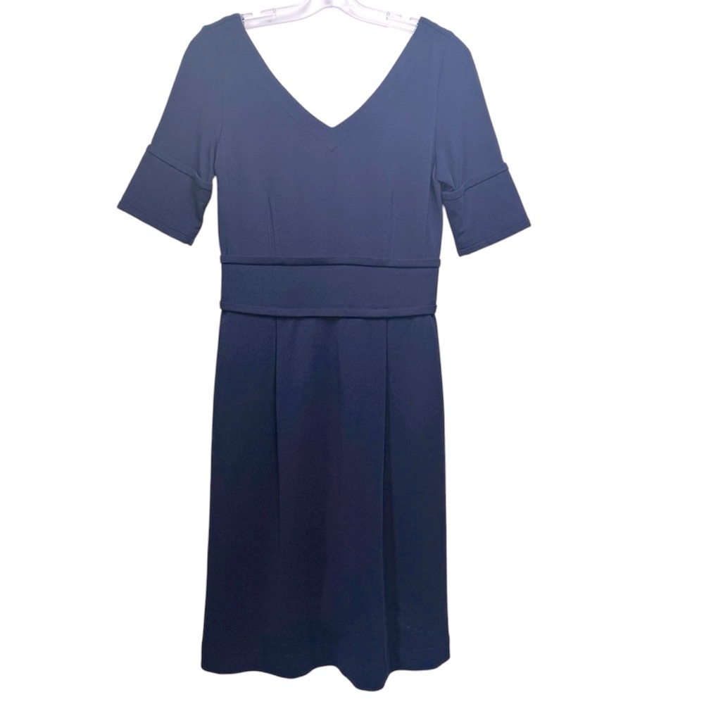 Pink Tartan V Neck Fit Flare Sheath Dress Pockets Stretch Preppy Minimal Navy S - Picture 2 of 16
